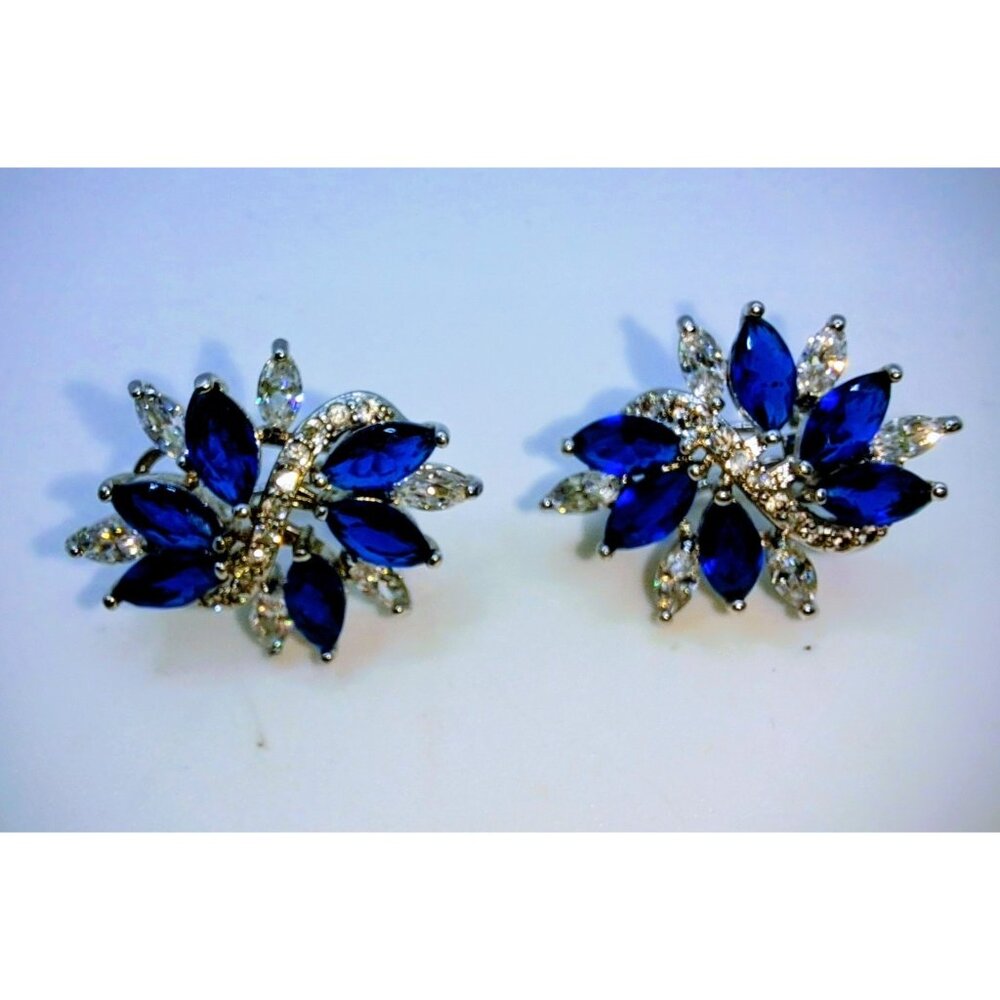Womens‎ Flower Blue Clear Stone Stud Pierced Earrings Silver Tone